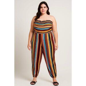 Plus Size 1X Strapless Striped Jumpsuit Boho Vacation Wide Leg Romper